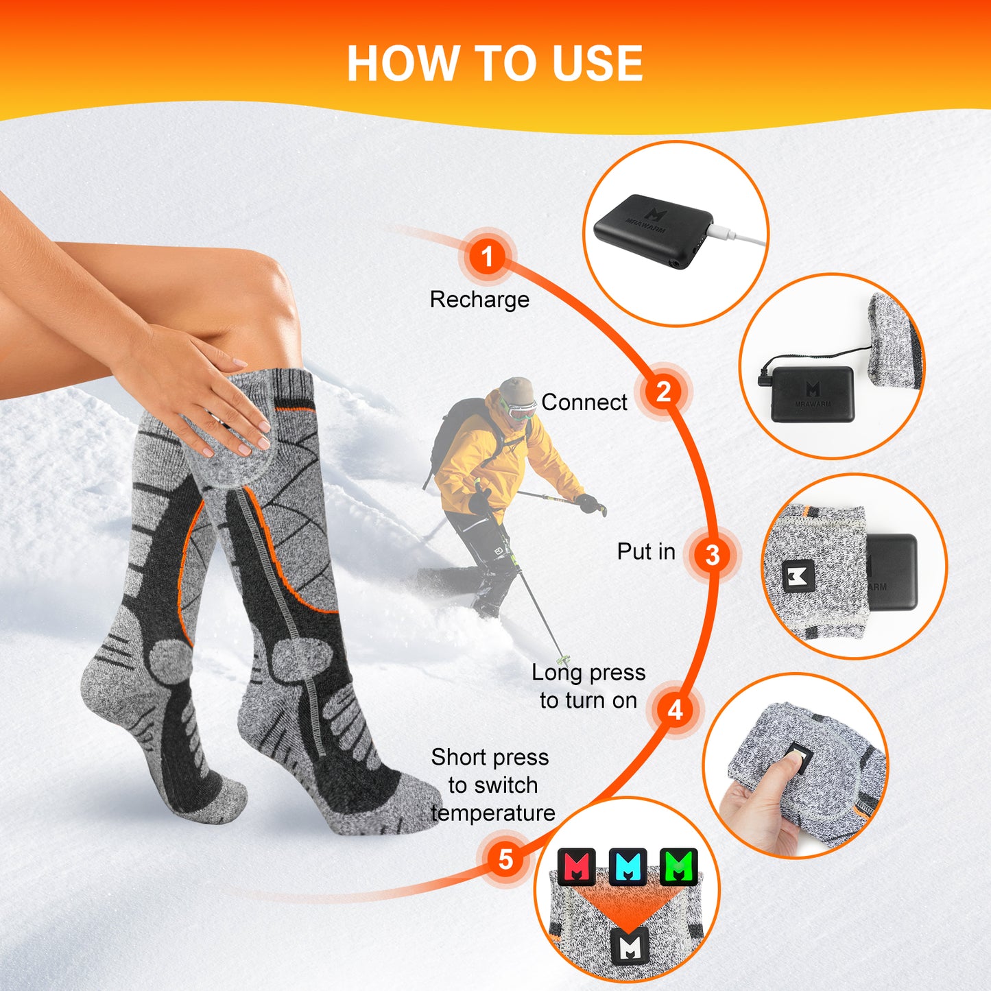 Heated Socks, MRAWARM 5V 6000mAh Rechargeable Heated Socks, Unisex