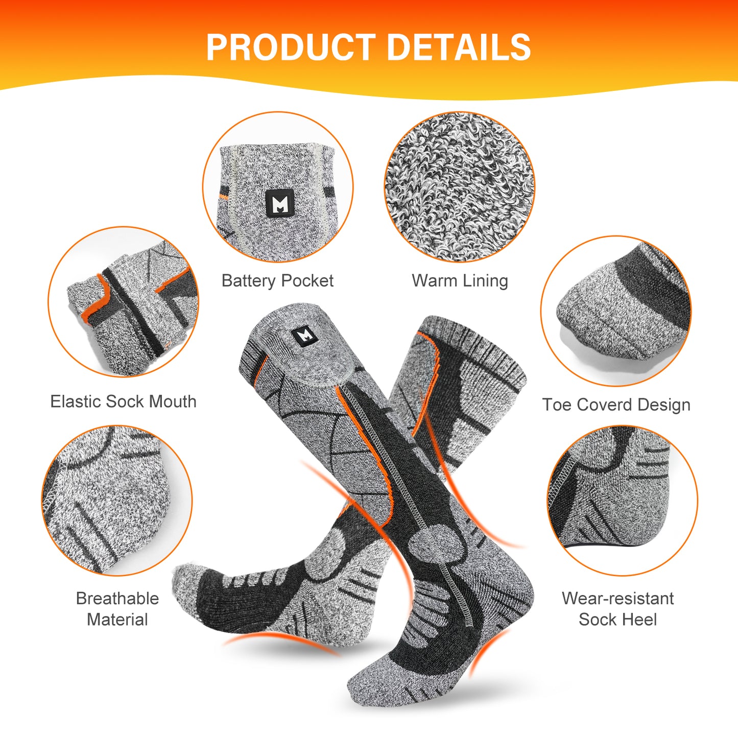 Heated Socks, MRAWARM 5V 6000mAh Rechargeable Heated Socks, Unisex
