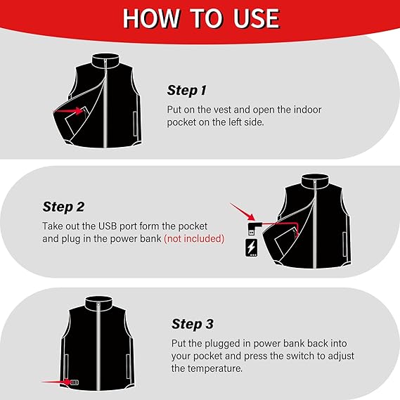 6 Heat Zone 3 Level Temperature Control Heated Down Vest for Men and Women, 90% Down, 650 Fill Power
