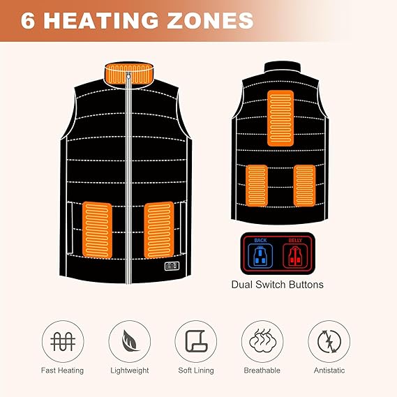 6 Heating Zones 3-Level Temperature Control Heated Vest for Men and Women, Lightweight Electric Heated Vest