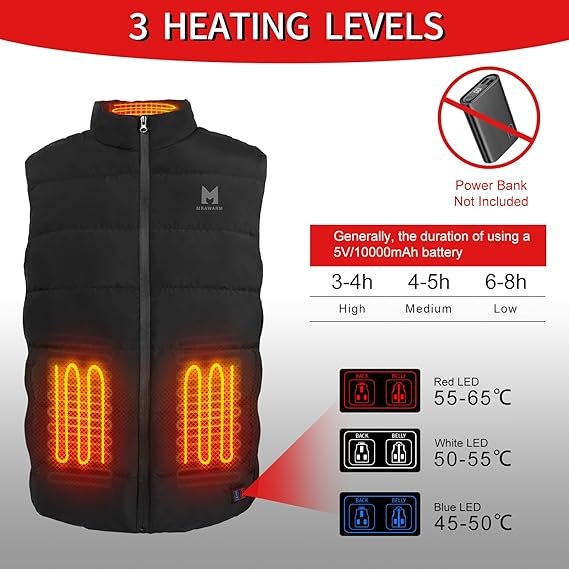 6 Heat Zone 3 Level Temperature Control Heated Down Vest for Men and Women, 90% Down, 650 Fill Power