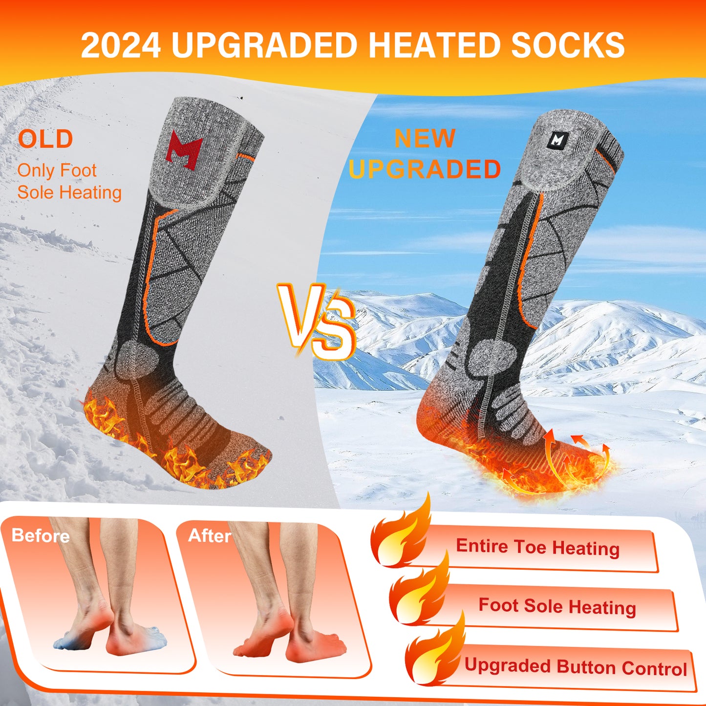Heated Socks, MRAWARM 5V 6000mAh Rechargeable Heated Socks, Unisex