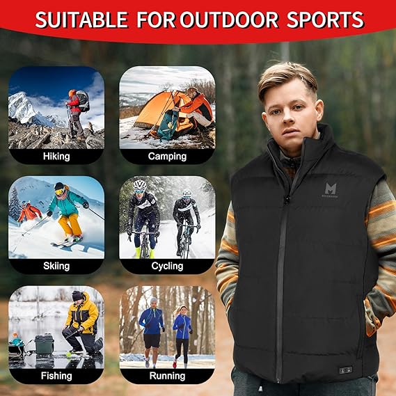 6 Heat Zone 3 Level Temperature Control Heated Down Vest for Men and Women, 90% Down, 650 Fill Power